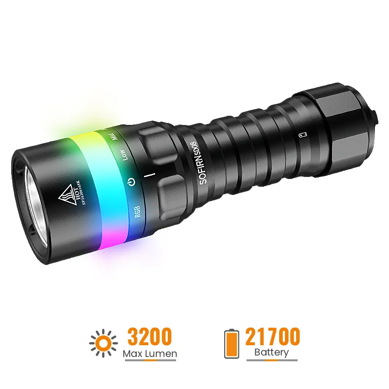 Sofirn SD08 Scuba Diving Flashlight 3200 Lumen with 360-Degree Battery Indicator & Colorful Light Positioning