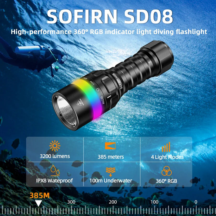 Sofirn SD08 Scuba Diving Flashlight 3200 Lumen with 360-Degree Battery Indicator & Colorful Light Positioning