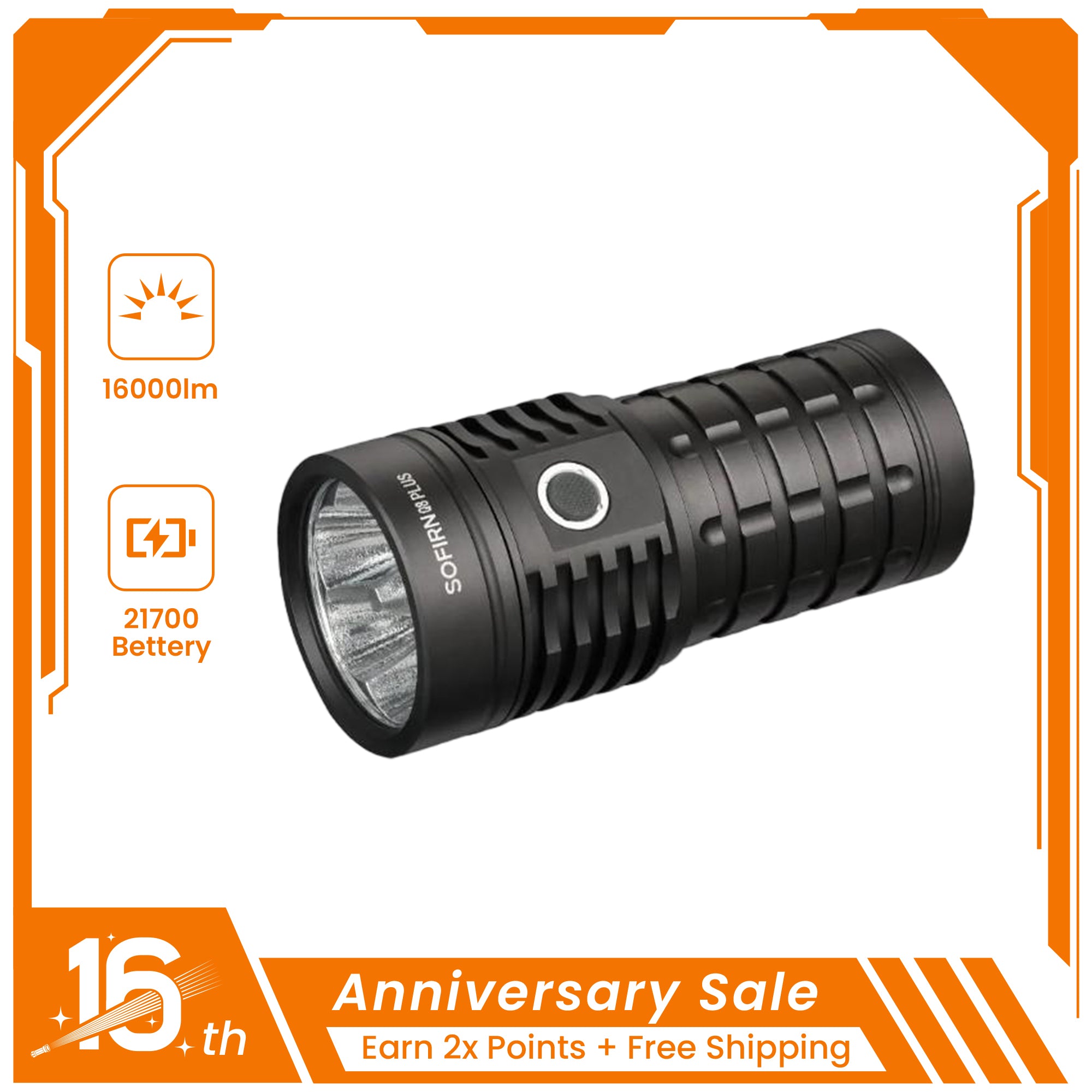 SOFIRN Q8 Plus 16000 Lumens Rechargeable Flashlight with Anduril 2.0 UI