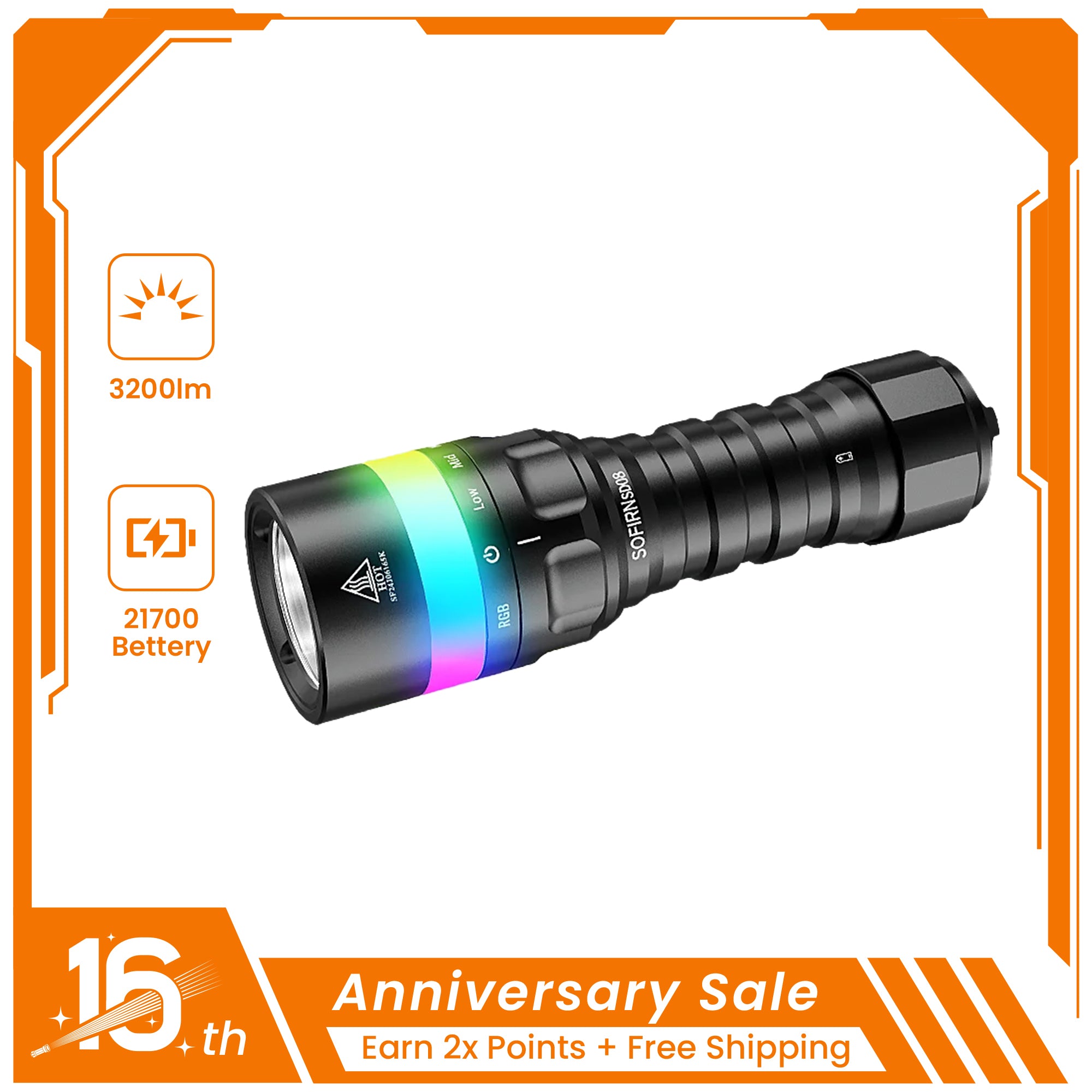 Sofirn SD08 Scuba Diving Flashlight 3200 Lumen with 360-Degree Battery Indicator & Colorful Light Positioning