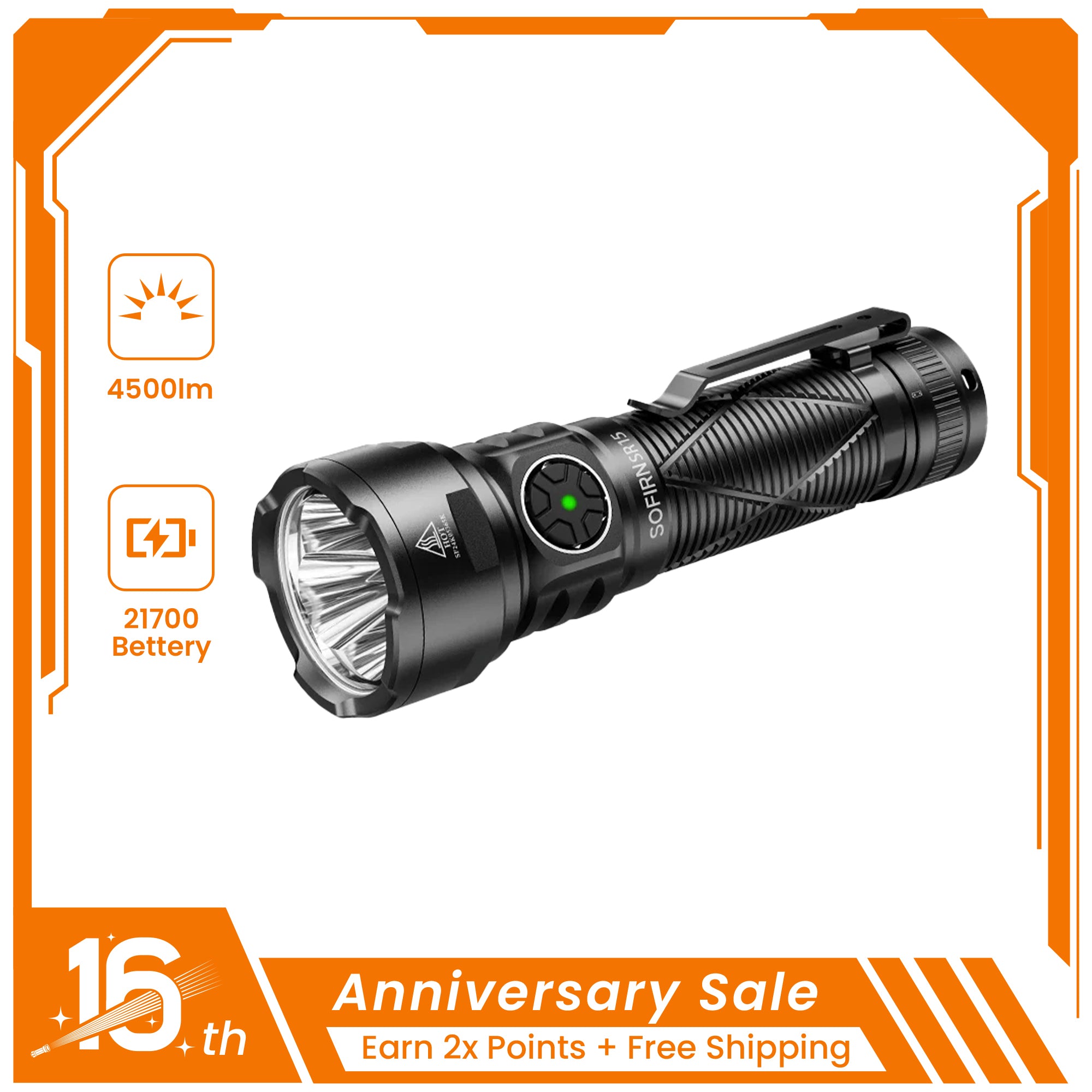 Sofirn SR15 4500 Lumens Rechargeable Flashlight
