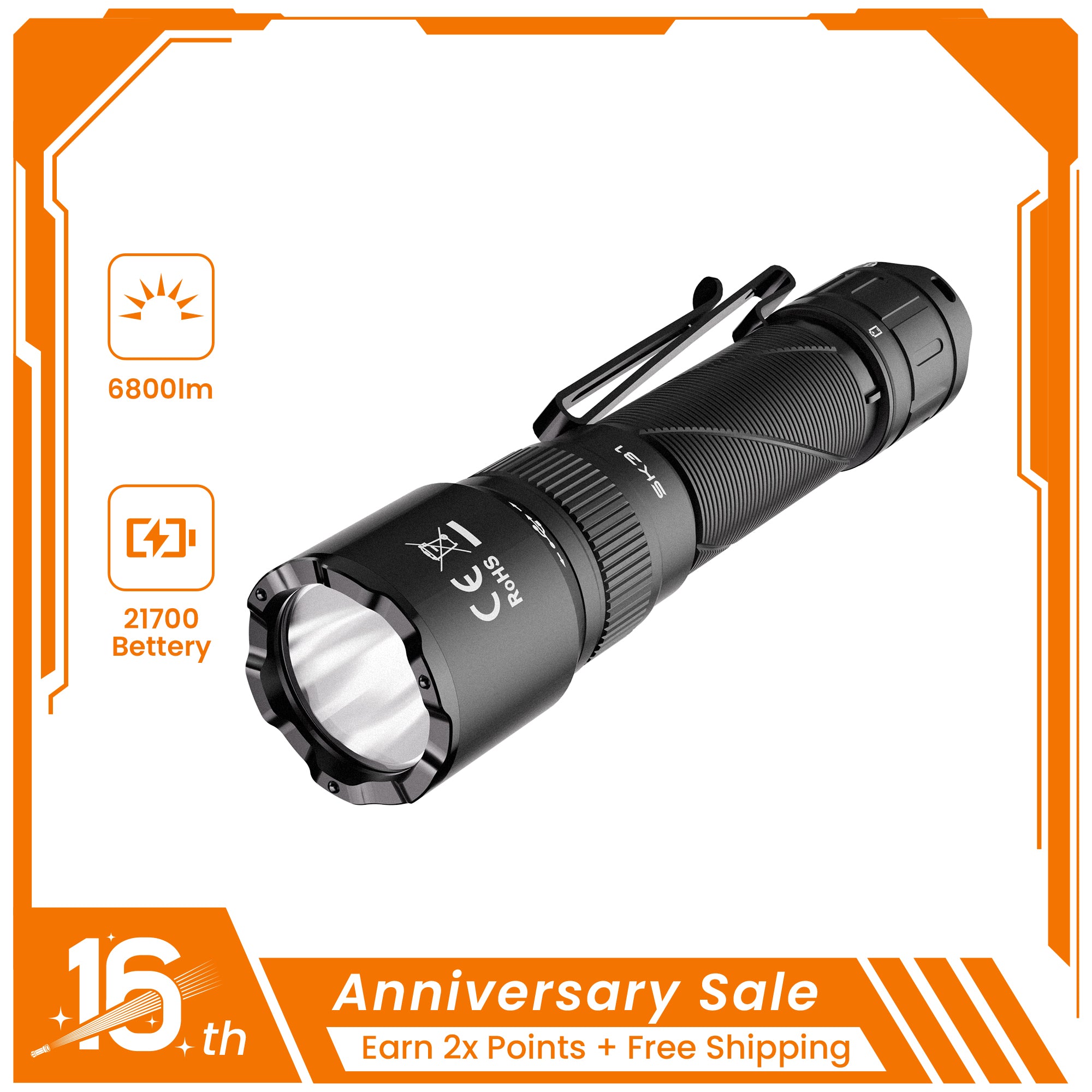 SOFIRN SK31 6800-Lumen Type-C Rechargeable Flashlight Featuring Tactical & Outdoor Modes